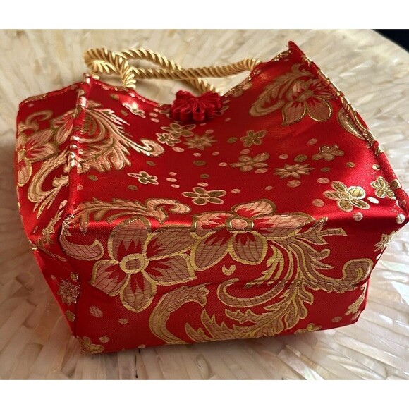 Chinese Bag Small Tote Red Gold Floral New Year Evening Purse Double Handle New - Picture 5 of 5